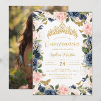 Photo Gold Pink Navy Floral Butterfly Quinceanera