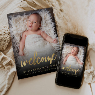 Photo Gold Script Black Welcome Birth Announcement