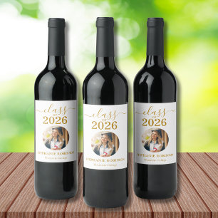 Photo Gold Script Class of 2026 Graduation Party Wine Label