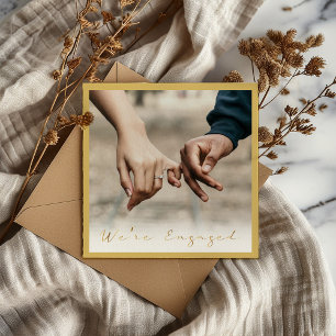 Photo, gold script engaged announcement party card