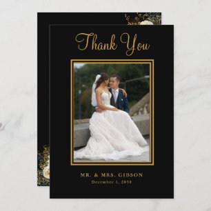 Photo Gold Script On Black Wedding Thank You Card