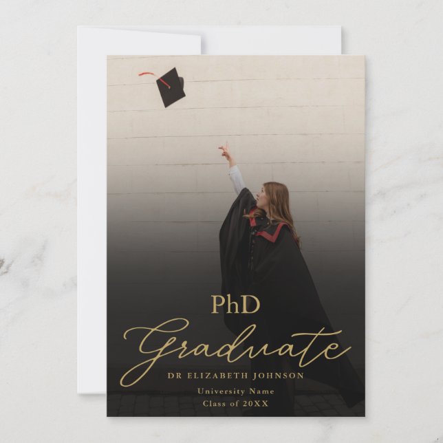 Photo Gold Script PhD Degree Graduation Party Invitation (Front)