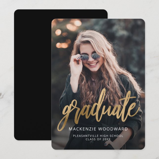 Photo Gold Script Rounded Graduation Announcement (Front/Back)