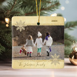 PHOTO Gold Snow Keepsake Christmas Holiday Tree Ceramic Ornament<br><div class="desc">Keep your memories alive with these beautiful Christmas Holiday keepsake tree ornament. Personalise it with your photo. Faux gold foil and glitter with snowflakes. Custom with your family name and year. Back of ornament has option to add message , name, or other info. Perfect gift for parents, mum, dad, grandma,...</div>