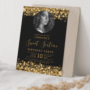 PHOTO Gold Sparkles Sweet 16 Birthday Party Invitation