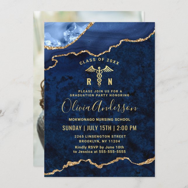 Photo Golden Blue Nursing School Graduation Party Invitation (Front/Back)