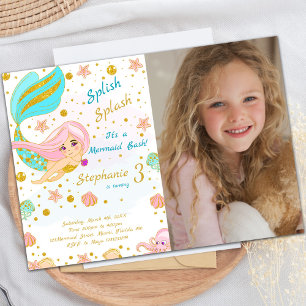 Photo Golden Glitter Mermaid Birthday Invitations