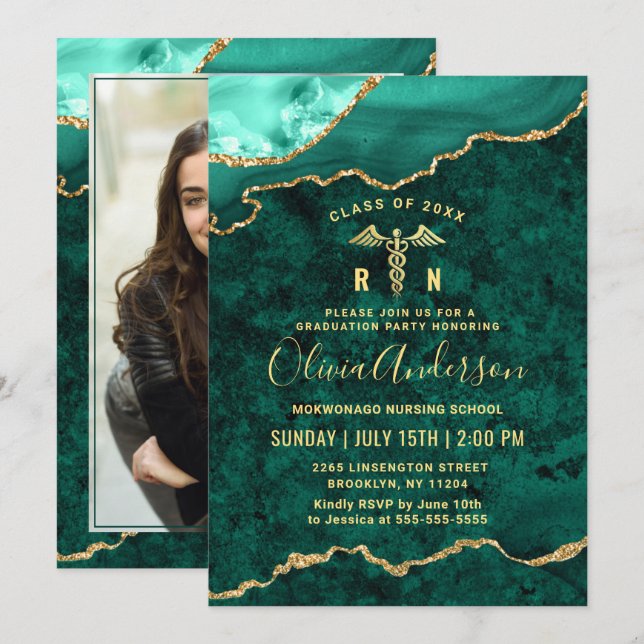 Photo Golden Green Nursing School Graduation Party Invitation (Front/Back)