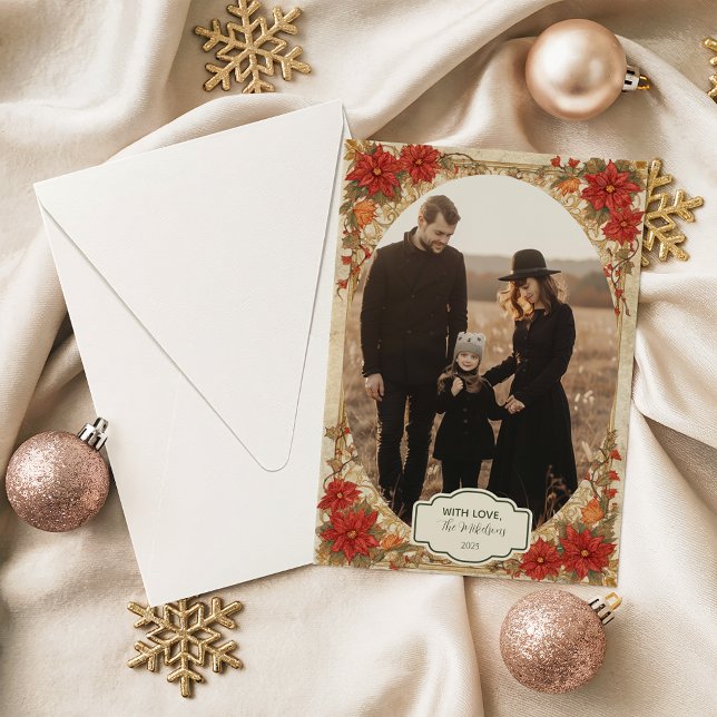 Photo Golden Poinsettia Christmas Holiday Card (Creator Uploaded)