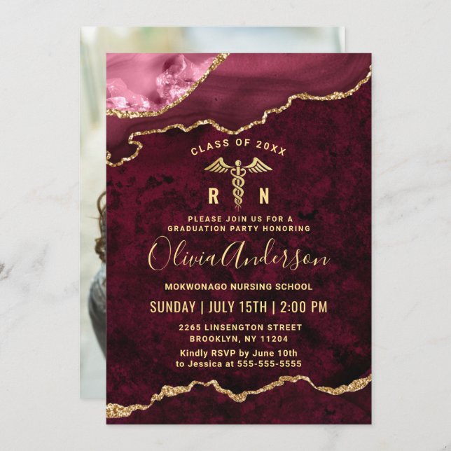 Photo Golden Red Nursing School Graduation Party Invitation (Front/Back)
