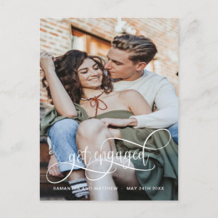 Photo, Got Engaged, White Calligraphy Engagement Announcement Postcard