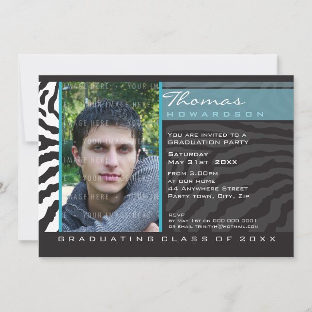 PHOTO GRAD PARTY INVITE zebra stripe aqua blue (Front)