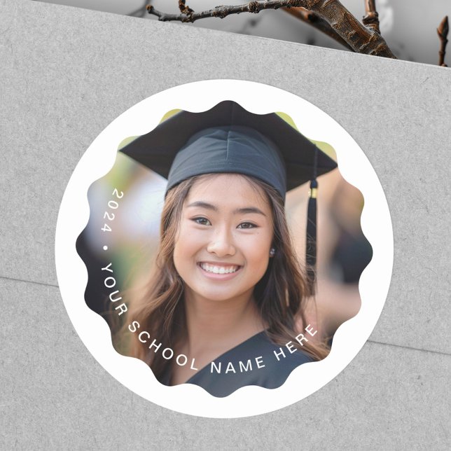 Photo grad year name school graduation wavy border classic round sticker (Photo grad year name school graduation wavy border classic round sticker)