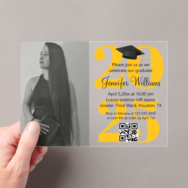photo graduation 2025 party qr code orange yellow acrylic invitations (Insitu (Handheld))