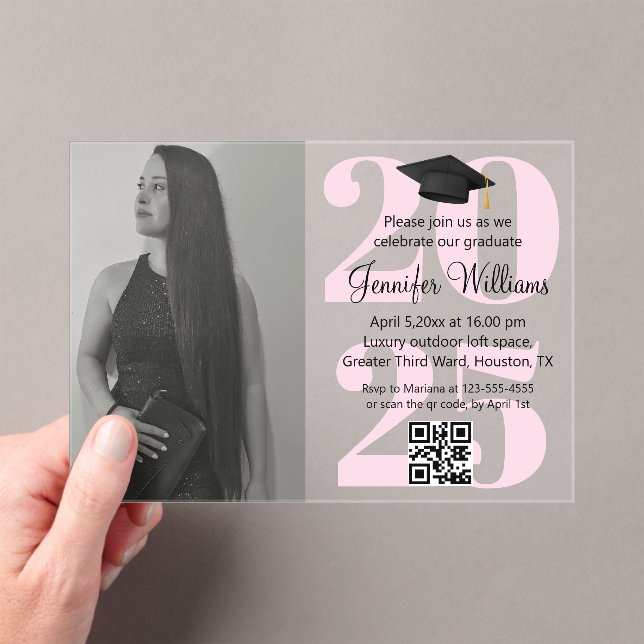 photo graduation 2025 party qr code pink script acrylic invitations (Insitu (Handheld))