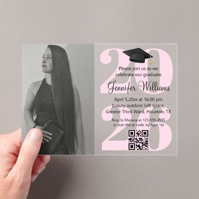 photo graduation 2025 party qr code pink script acrylic invitations (Insitu (Handheld))