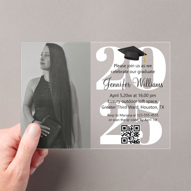 photo graduation 2025 party qr code white script acrylic invitations (Insitu (Handheld))
