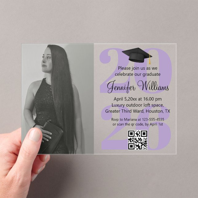 photo graduation 2026 party qr code purple script acrylic invitations (Insitu (Handheld))