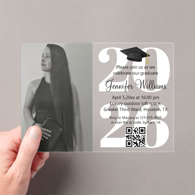 photo graduation 2026 party qr code white script acrylic invitations (Insitu (Handheld))