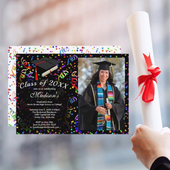Photo Graduation Black Cap Confetti Class Black Invitation (Photo Graduation Black Cap Confetti Class Black Invitation)