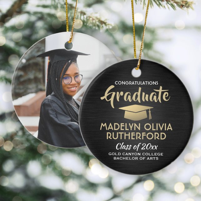Photo Graduation Congrats Brushed Black Gold White Ceramic Tree Decoration (Creator Uploaded)