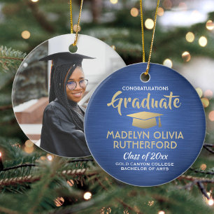 Photo Graduation Congrats Brushed Blue Gold White Ceramic Tree Decoration