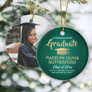 Photo Graduation Congrats Brushed Green Gold White Ceramic Tree Decoration