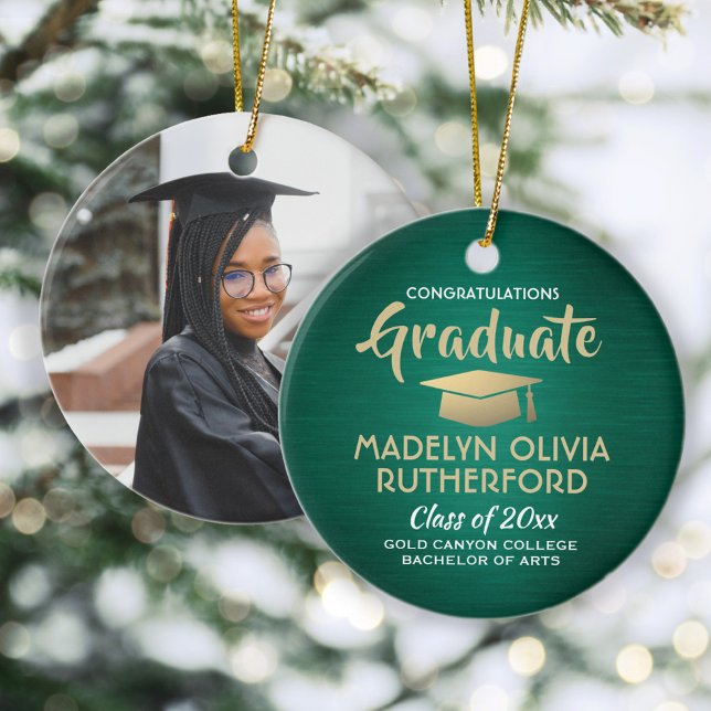 Photo Graduation Congrats Brushed Green Gold White Ceramic Tree Decoration (Creator Uploaded)