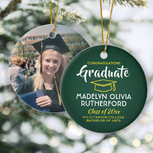Photo Graduation Congrats Green Gold Yellow White Ceramic Tree Decoration