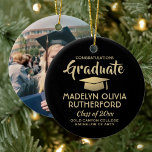 Photo Graduation Congrats Modern Black and Gold Ceramic Tree Decoration<br><div class="desc">Commemorate the graduate's achievement with a custom photo black and gold round graduation Christmas ornament. Picture and all text are simple to customise. Include any favourite inspirational quote, motivational saying, school name and degree, congratulations, thanks mum and dad, or other message of your choice. TO CHANGE BACKGROUND OR TEXT COLORS,...</div>