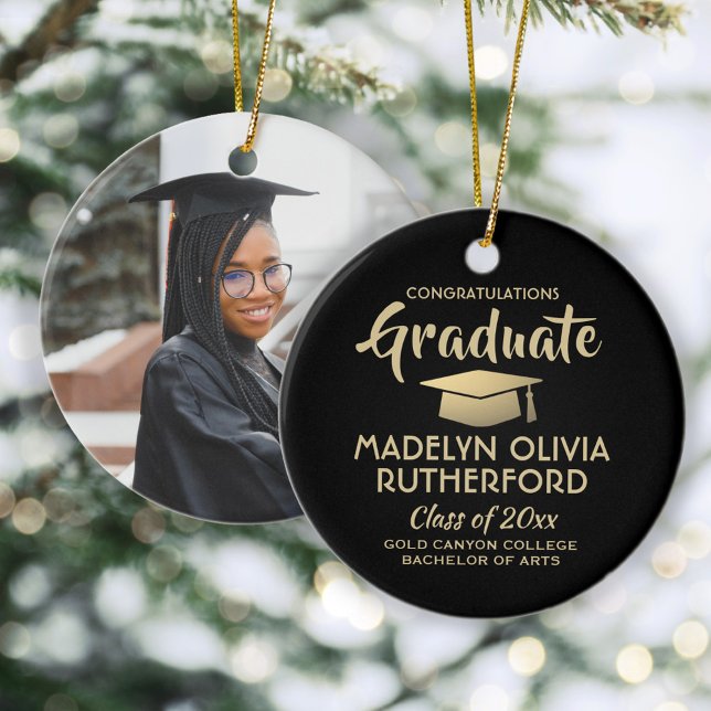 Photo Graduation Congrats Modern Black and Gold Ceramic Tree Decoration (Creator Uploaded)