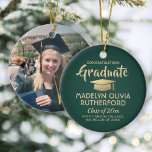 Photo Graduation Congrats Modern Green and Gold Ceramic Tree Decoration<br><div class="desc">Commemorate the graduate's achievement with a custom photo green and gold round graduation Christmas ornament. Picture and all text are simple to customize. Include any favorite inspirational quote, motivational saying, school name and degree, congratulations, thanks mom and dad, or other message of your choice. TO CHANGE BACKGROUND OR TEXT COLORS,...</div>