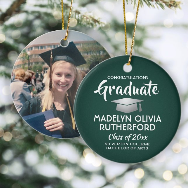 Photo Graduation Congrats Modern Green and White Ceramic Tree Decoration (Creator Uploaded)