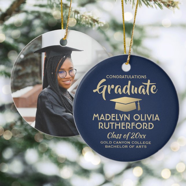 Photo Graduation Congrats Modern Navy Blue & Gold Ceramic Tree Decoration (Creator Uploaded)