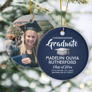 Photo Graduation Congrats Modern Navy Blue & White Ceramic Tree Decoration