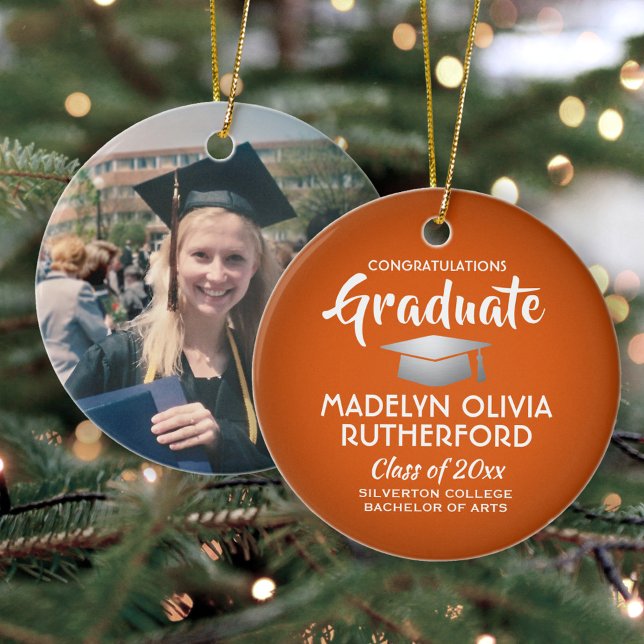 Photo Graduation Congrats Orange White and Silver Ceramic Tree Decoration (Creator Uploaded)