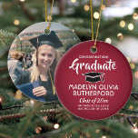 Photo Graduation Congrats Red White and Black Ceramic Tree Decoration<br><div class="desc">Commemorate the graduate's achievement with a custom photo red, black and white round graduation Christmas ornament. Picture and all text are simple to customise. Include school name and degree, congratulations, thanks mum and dad, or other message of your choice.TO CHANGE BACKGROUND OR TEXT COLORS, SEE INSTRUCTIONS BELOW. Design features a...</div>