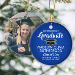 Photo Graduation Congrats Royal Blue White Black Ceramic Tree Decoration<br><div class="desc">Commemorate the graduate's achievement with a custom photo royal blue and white round graduation Christmas ornament. Picture and all text are simple to customize. Include school name and degree, congratulations, thanks mom and dad, or other message of your choice.TO CHANGE BACKGROUND OR TEXT COLORS, SEE INSTRUCTIONS BELOW. Design features a...</div>