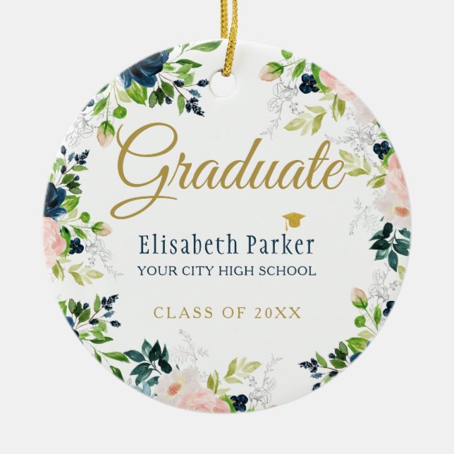 Photo graduation elegant gold script class year ceramic tree decoration (Front)