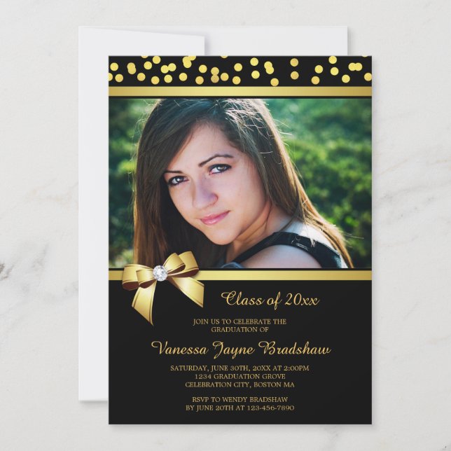 Photo Graduation Faux Gold Bow Confetti Black Invitation (Front)