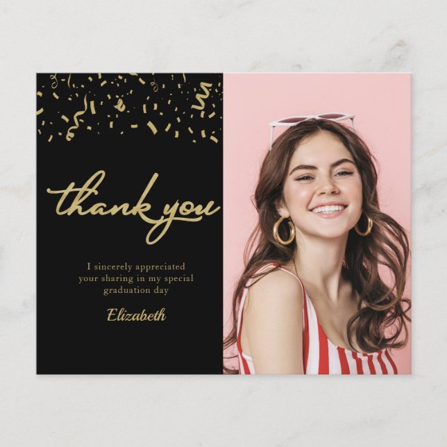 Photo Graduation Gold Black Budget Thank You Card (Front)