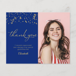 Photo Graduation Gold Blue Budget Thank You Card