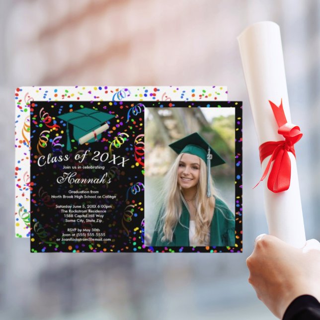 Photo Graduation Green Cap Confetti Class of Party Invitation (Photo Graduation Green Cap Confetti Class of Party HZ Invitation)