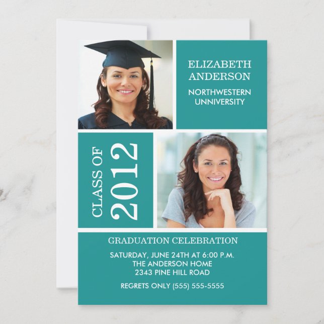 Photo Graduation Invitation Classy Turquoise White (Front)