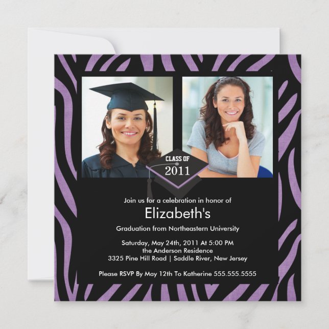 Photo Graduation Invitation Purple Zebra Print (Front)