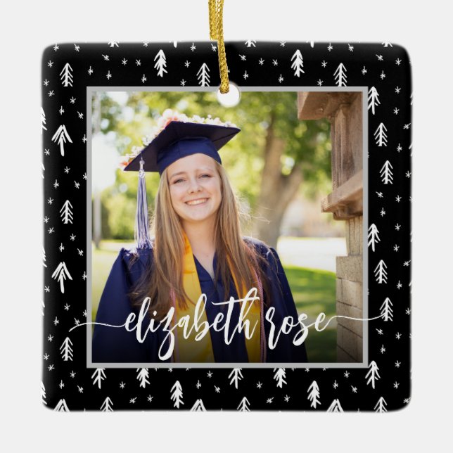Photo Graduation Keepsake Black Snowflake Ceramic Ornament (Front)