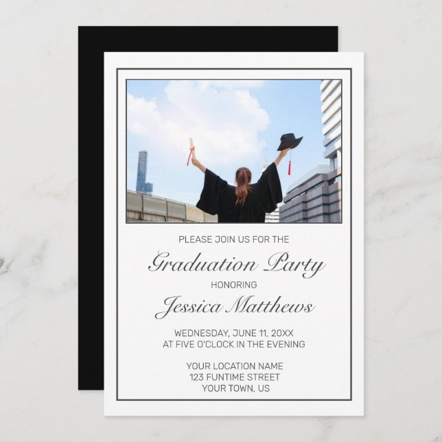 Photo Graduation Modern Minimalist White Black Invitation (Front/Back)