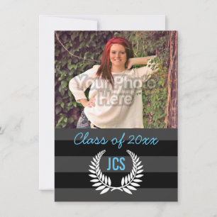 Photo Graduation Monogram Black Light Blue Preppy Invitation