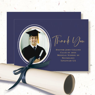 Photo Graduation Navy Blue Gold Script Minimal Thank You Card
