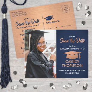 Photo Graduation Navy White & Copper Save the Date Postcard
